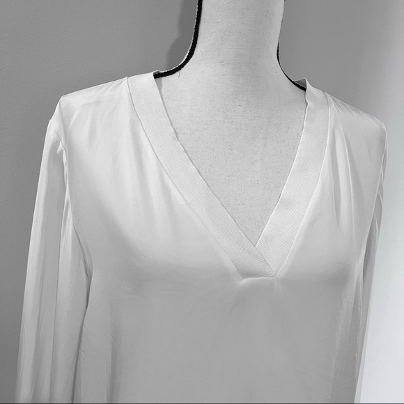 Lafayette 148 Wyatt Knit Trim Matte Silk Blouse In Cloud White Size Larg… - Picture 7 of 11